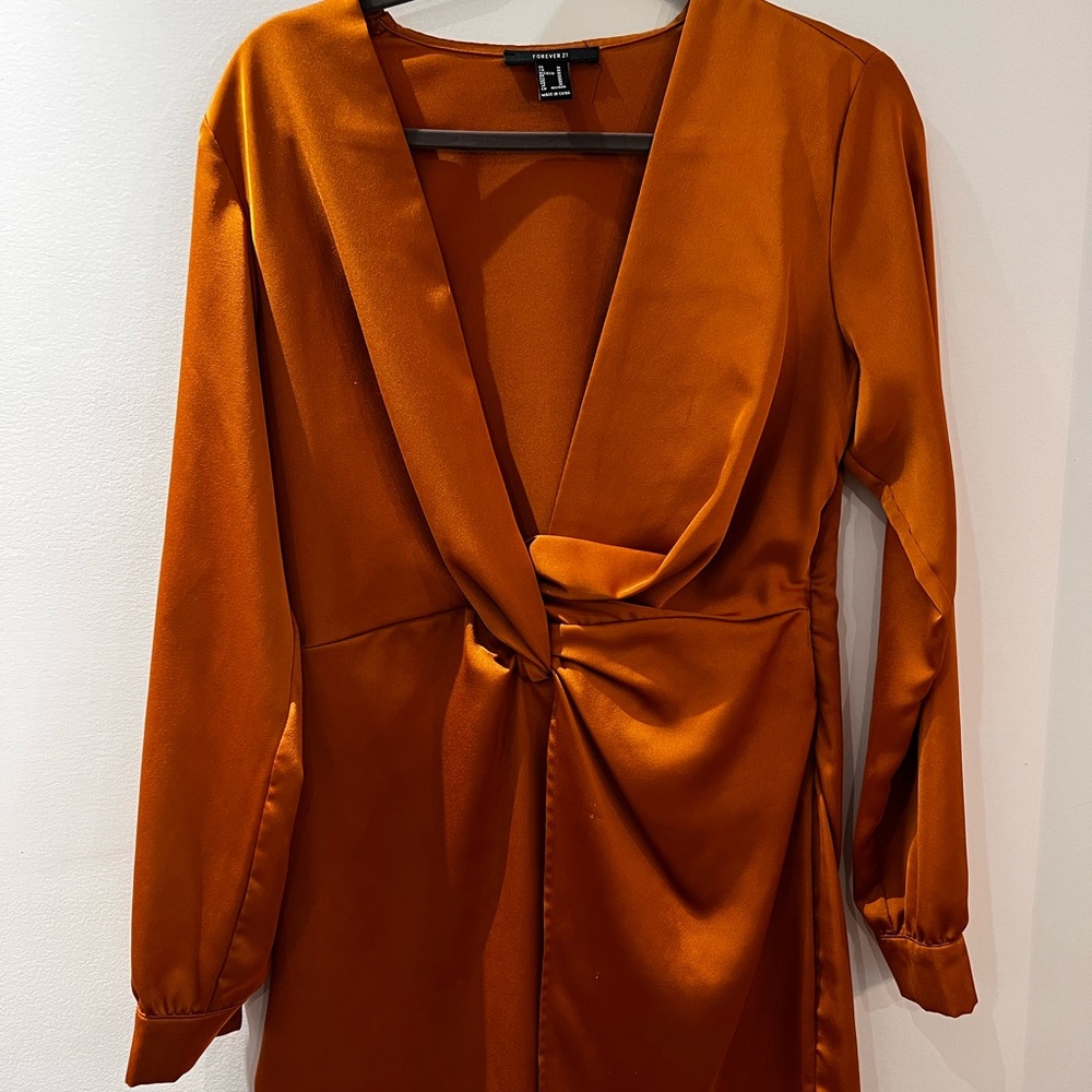 Satin Dress with Deep-V neck and leg slit.